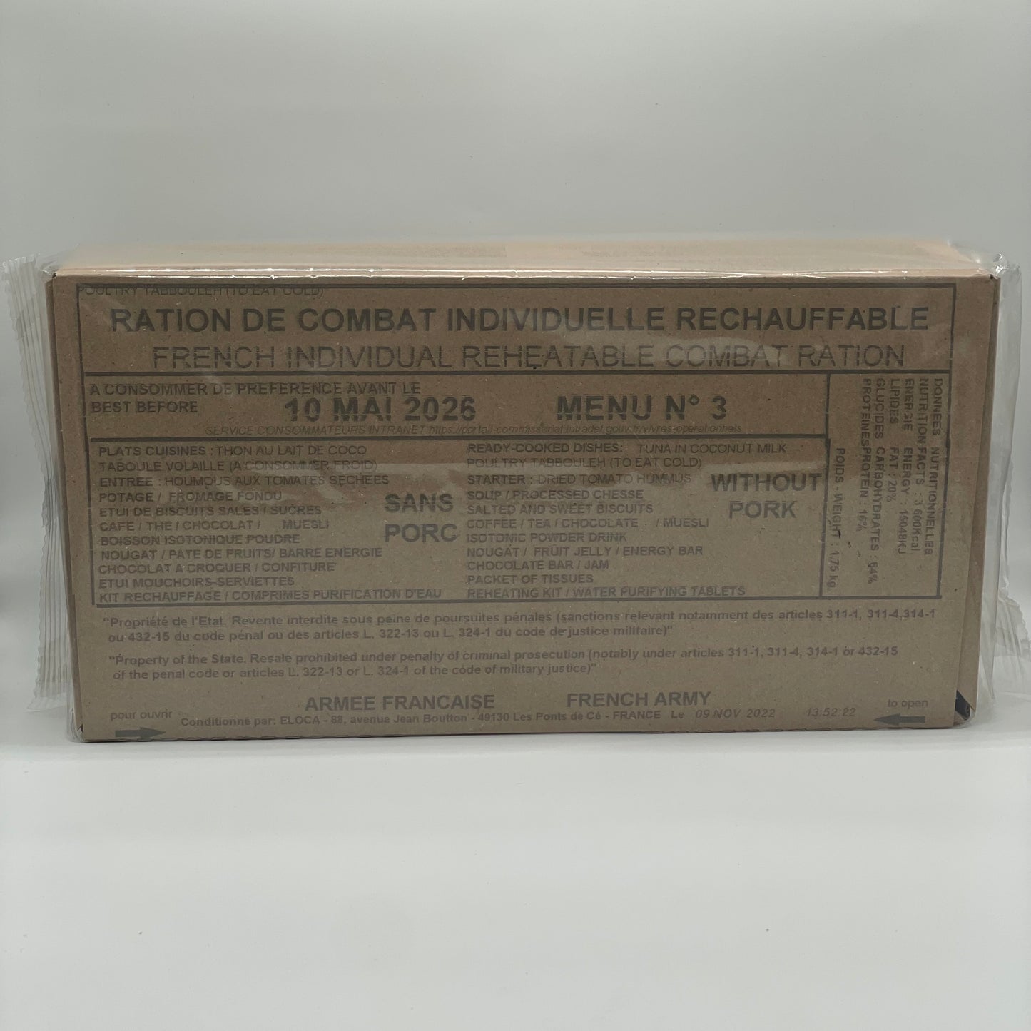 French Armed Forces 24 Hour RCIR MRE Ration Pack (Menu 3)