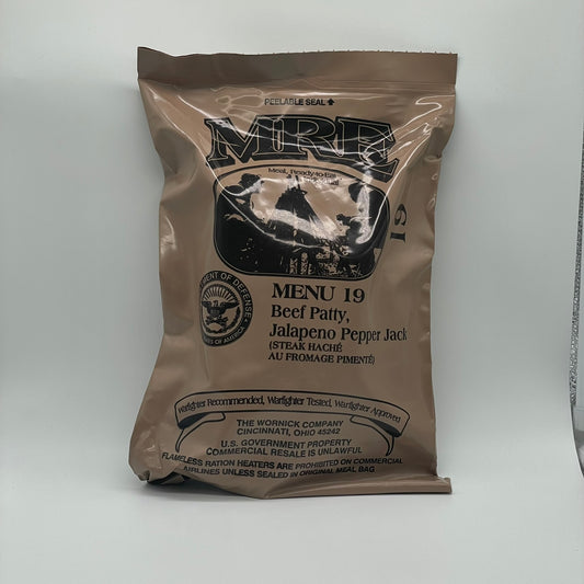 USA MRE Military Meal-Ready-to-Eat ration (Menu 19: Beef Patty - Jalapeno Pepper Jack)